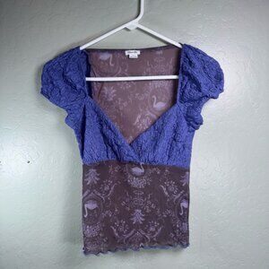 Kimchi Blue Bluish Purple Swan Print Mesh Top Y2K Fairycore